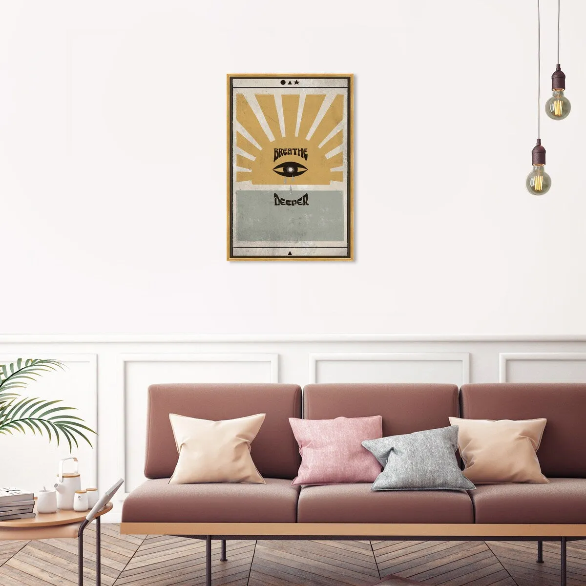 "Breathe Deeper", Breathe Evil Eye Inspiration Blue Framed Canvas Wall Art Print for Bedroom